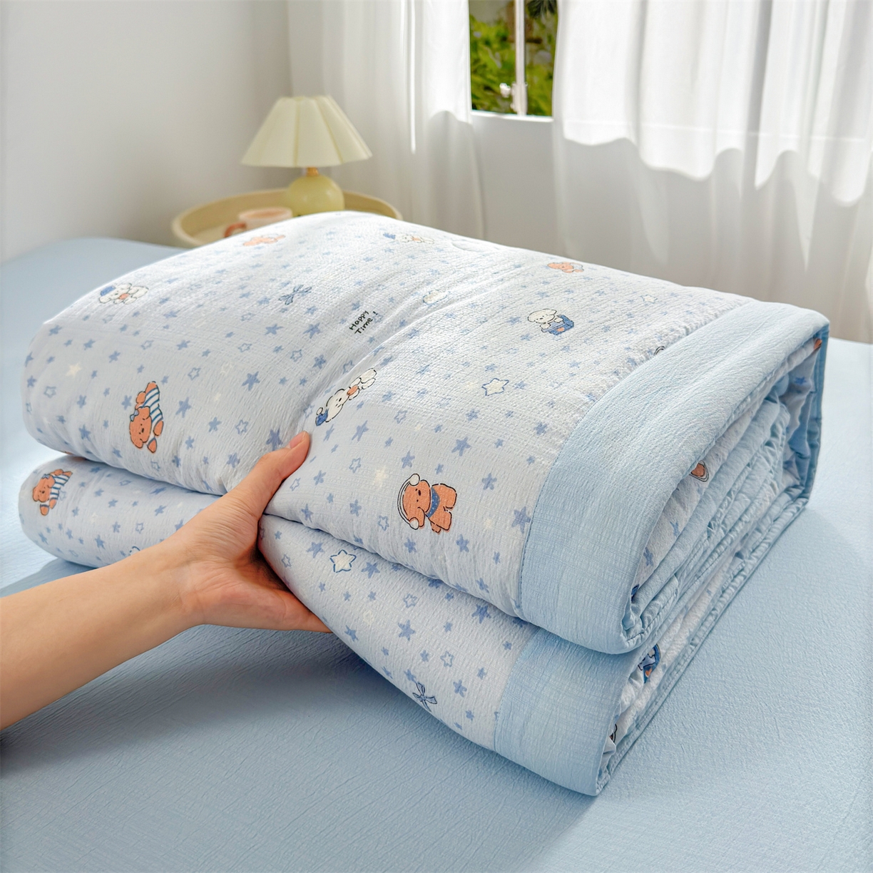 91家纺网 家纺一手货源 找家纺 晓时候 2026新款A类云感双层纱夏被棉花被小清新印花夏凉被空调被 俏皮狗