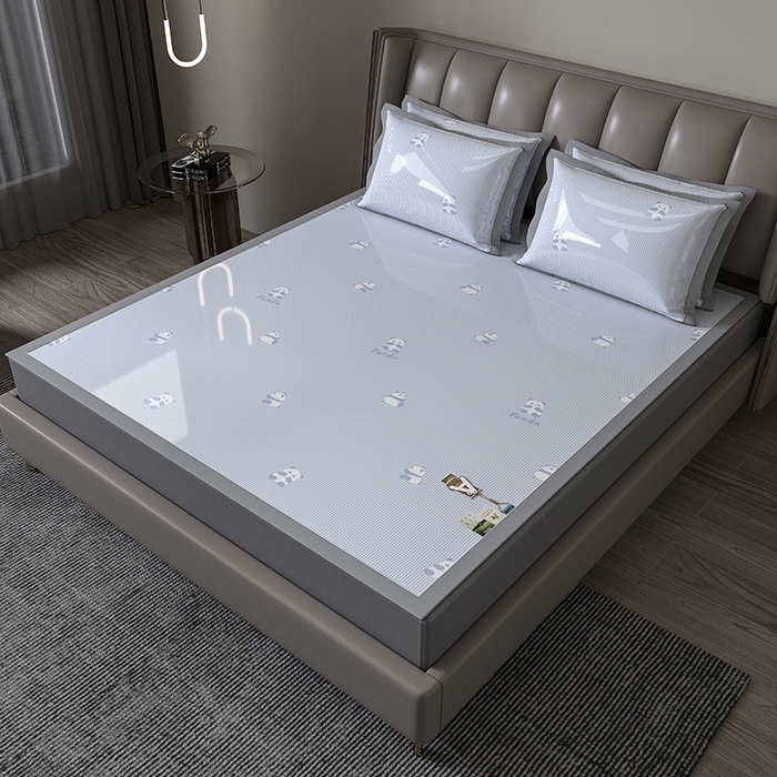 小牛席业 2026新款双PE高凉感-熊猫格纹提花冰丝席凉席竹席藤席冰藤席乳胶席豆豆席 蓝色