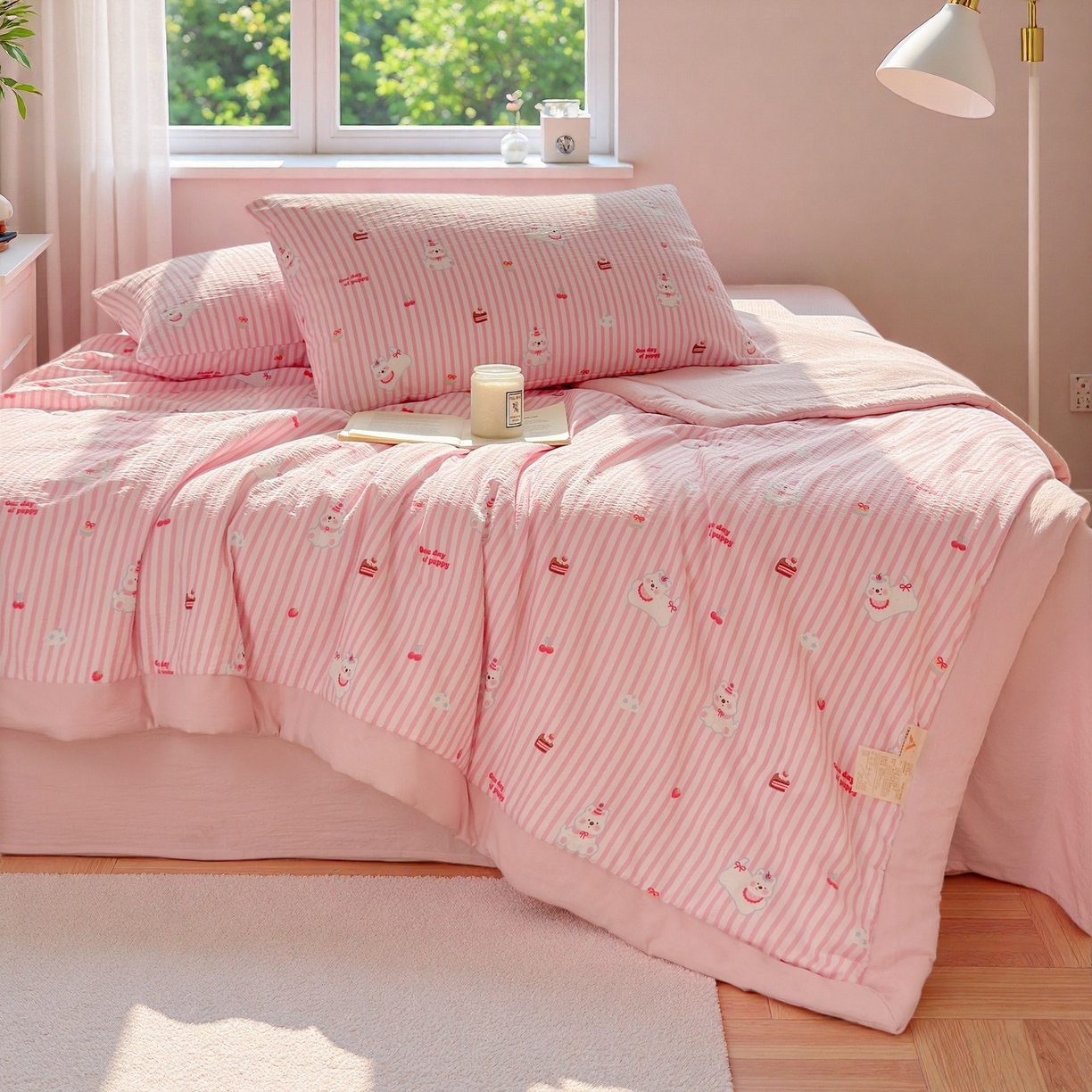 91家纺网 家纺一手货源 找家纺 晓时候 2026新款A类云感双层纱夏被棉花被小清新印花夏凉被空调被 甜甜西高地