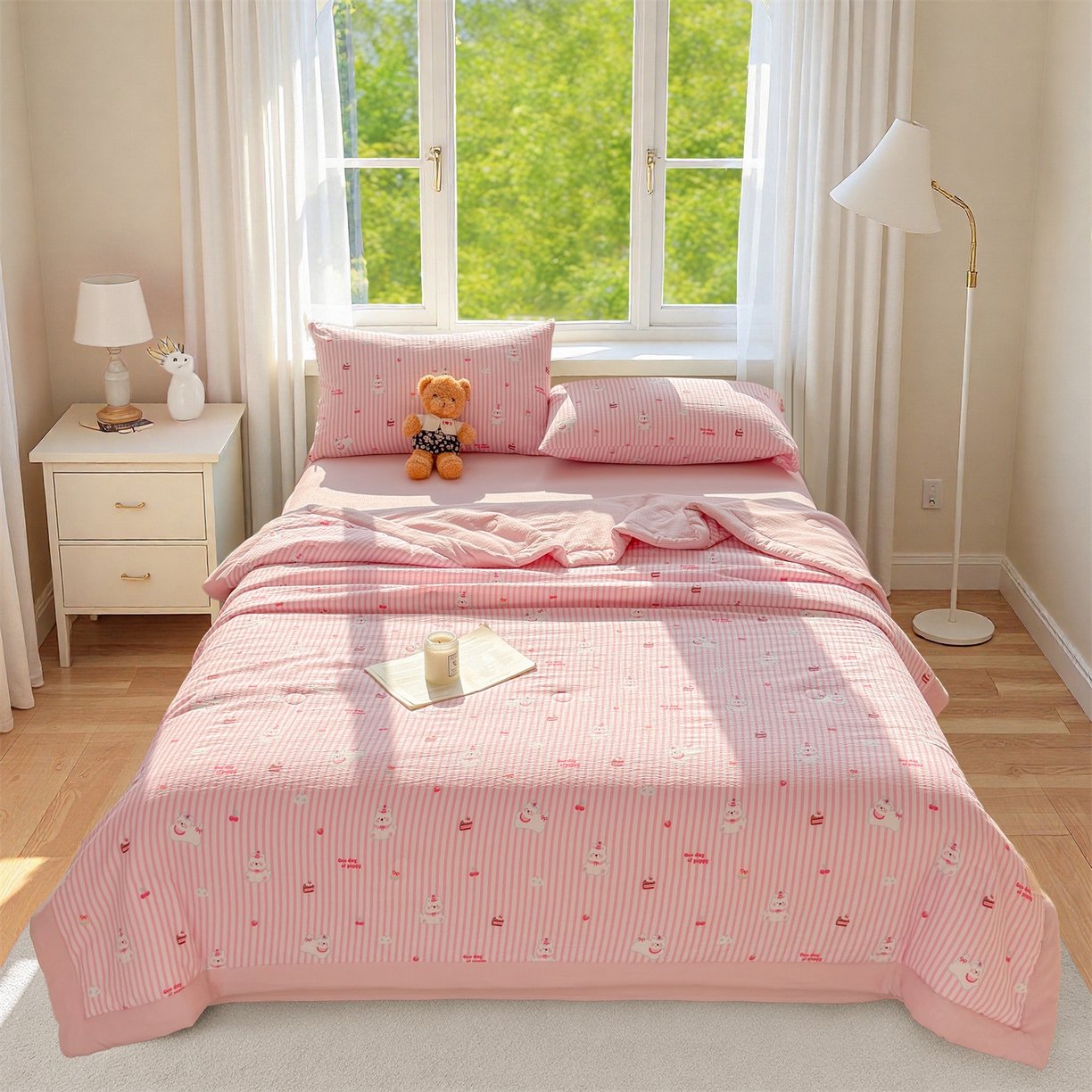 91家纺网 家纺一手货源 找家纺 晓时候 2026新款A类云感双层纱夏被棉花被小清新印花夏凉被空调被 甜甜西高地