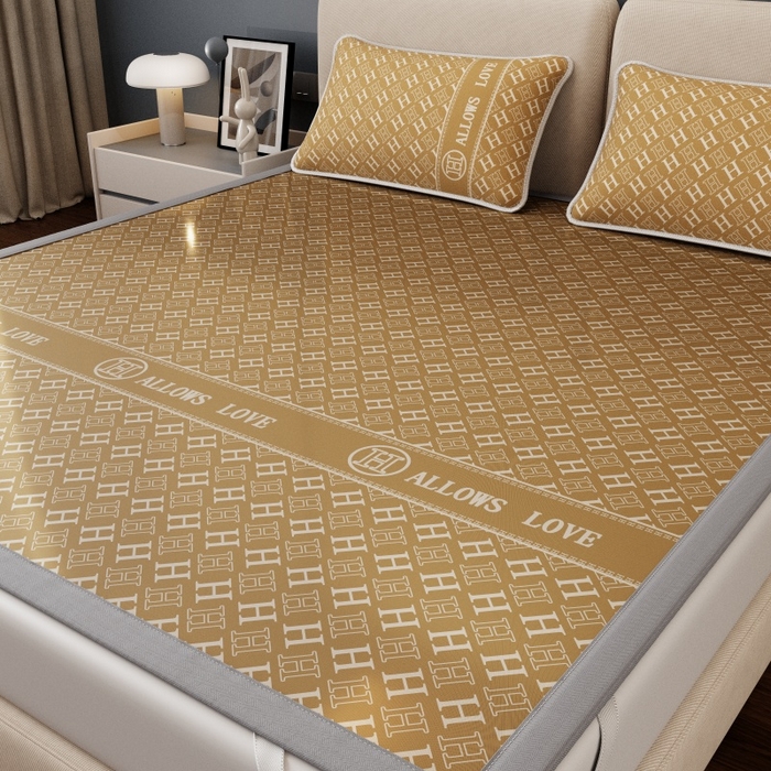 91家纺网 家纺一手货源 找家纺 福来临家纺 2026新款印花冰丝席席子凉席-床席款床笠款 咖H-床席款