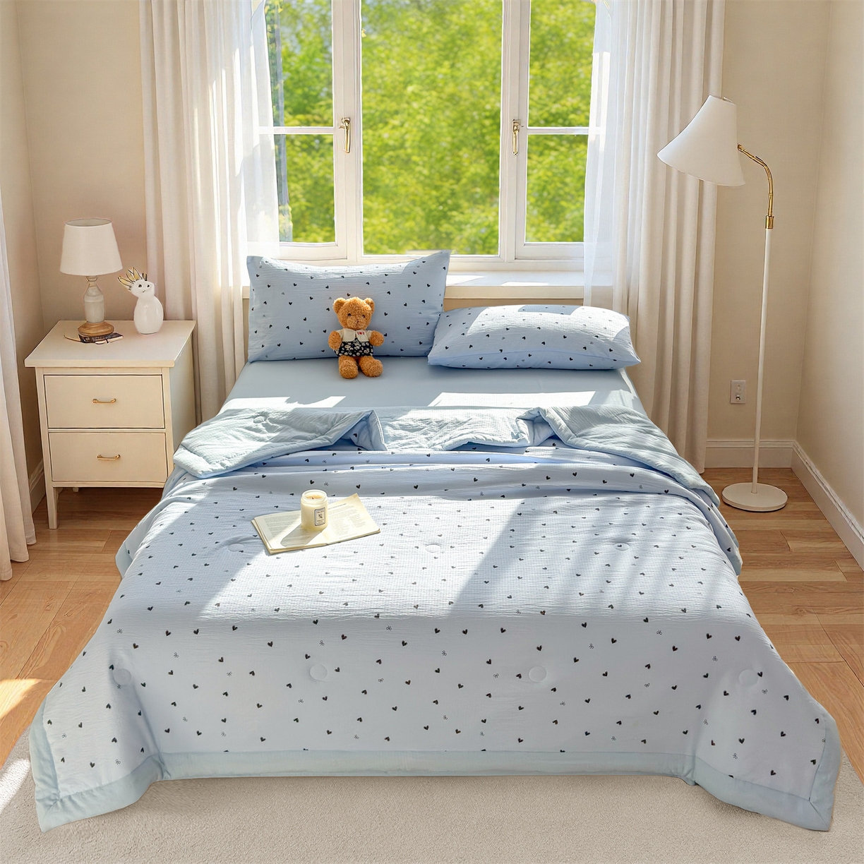 91家纺网 家纺一手货源 找家纺 晓时候 2026新款A类云感双层纱夏被棉花被小清新印花夏凉被空调被 小确幸