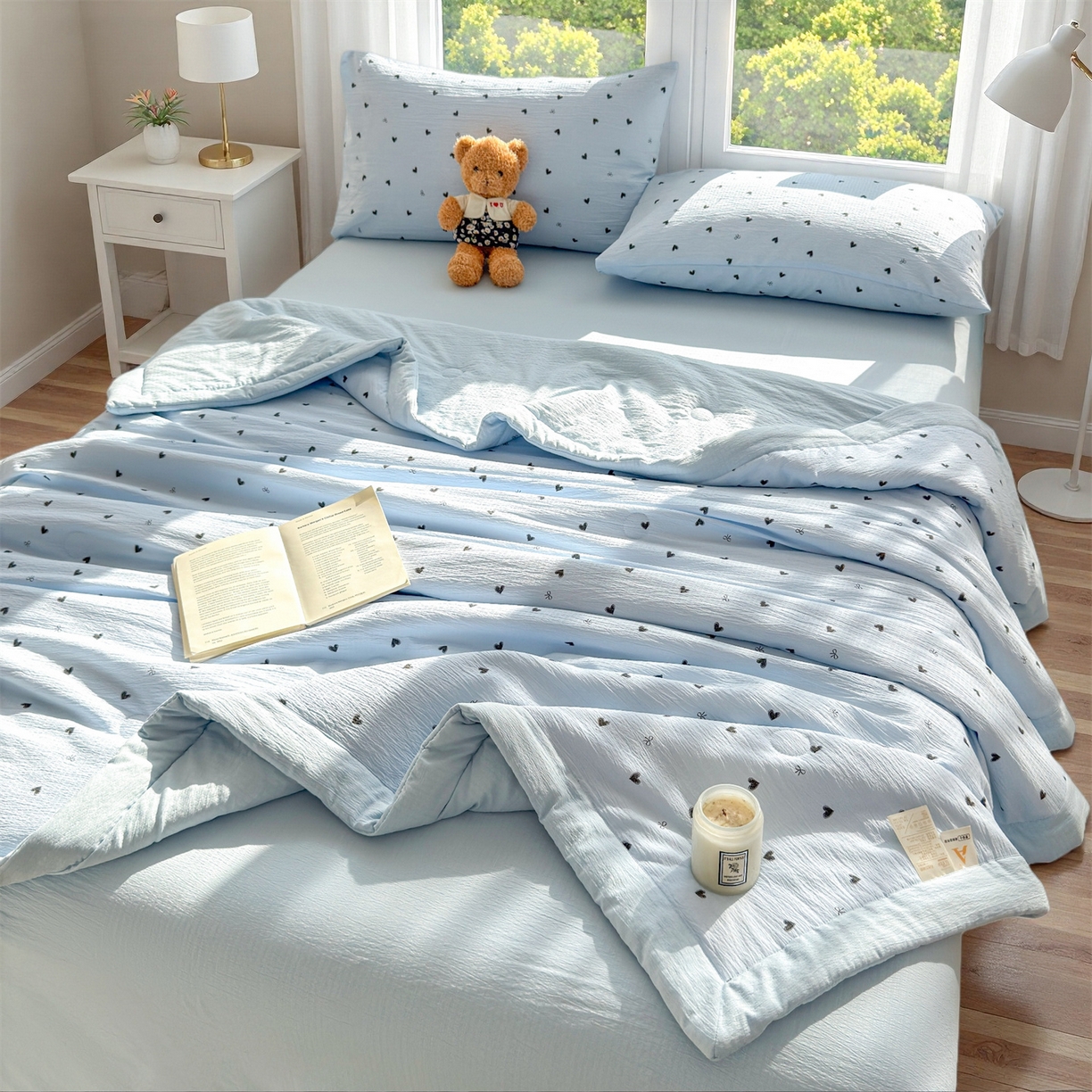 91家纺网 家纺一手货源 找家纺 晓时候 2026新款A类云感双层纱夏被棉花被小清新印花夏凉被空调被 小确幸