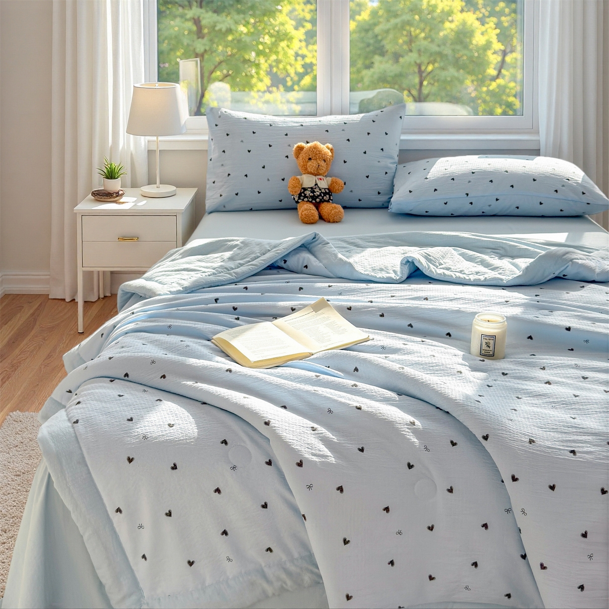 91家纺网 家纺一手货源 找家纺 晓时候 2026新款A类云感双层纱夏被棉花被小清新印花夏凉被空调被 小确幸