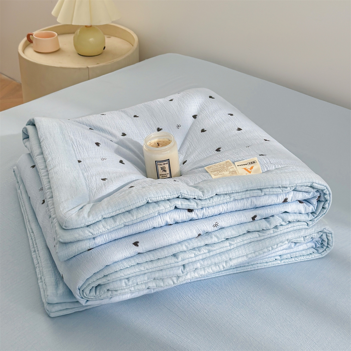 91家纺网 家纺一手货源 找家纺 晓时候 2026新款A类云感双层纱夏被棉花被小清新印花夏凉被空调被 小确幸