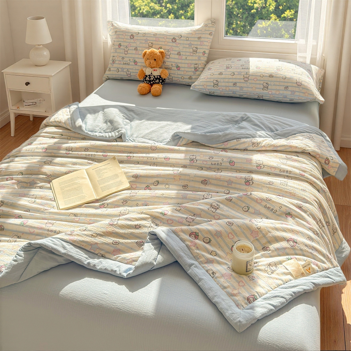 91家纺网 家纺一手货源 找家纺 晓时候 2026新款A类云感双层纱夏被棉花被小清新印花夏凉被空调被 星星喵