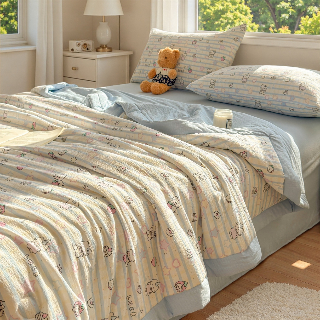 91家纺网 家纺一手货源 找家纺 晓时候 2026新款A类云感双层纱夏被棉花被小清新印花夏凉被空调被 星星喵