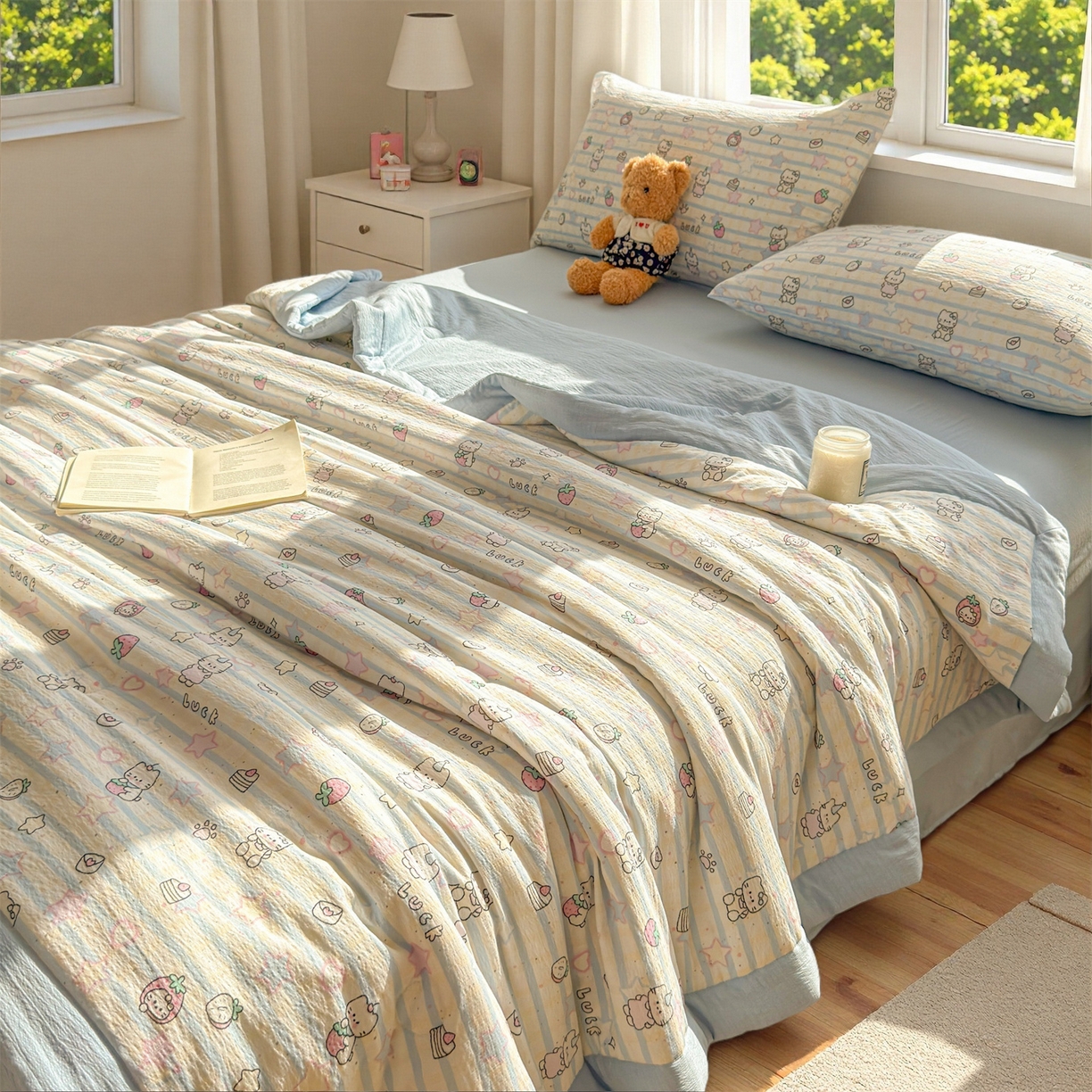 91家纺网 家纺一手货源 找家纺 晓时候 2026新款A类云感双层纱夏被棉花被小清新印花夏凉被空调被 星星喵