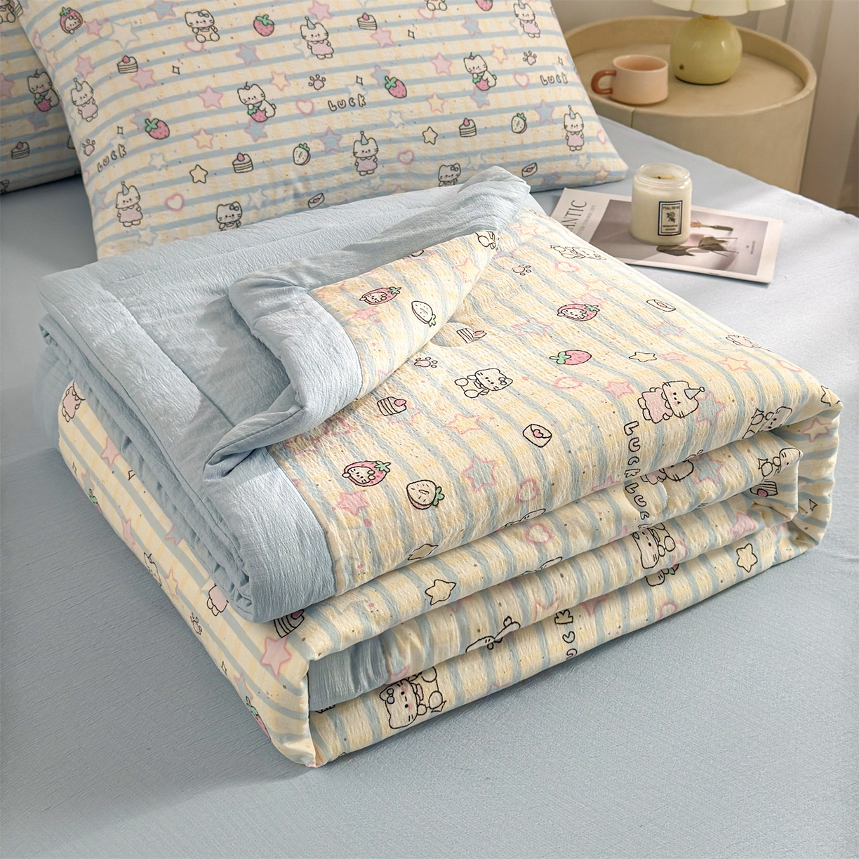 91家纺网 家纺一手货源 找家纺 晓时候 2026新款A类云感双层纱夏被棉花被小清新印花夏凉被空调被 星星喵