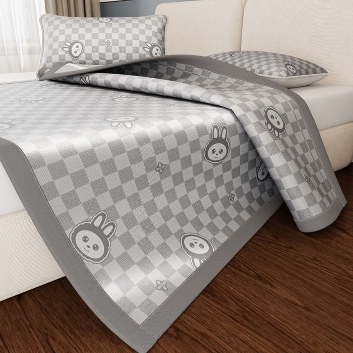 91家纺网 家纺一手货源 找家纺 福来临家纺 2026新款印花冰丝席席子凉席-床席款床笠款 拉布布灰-床席款