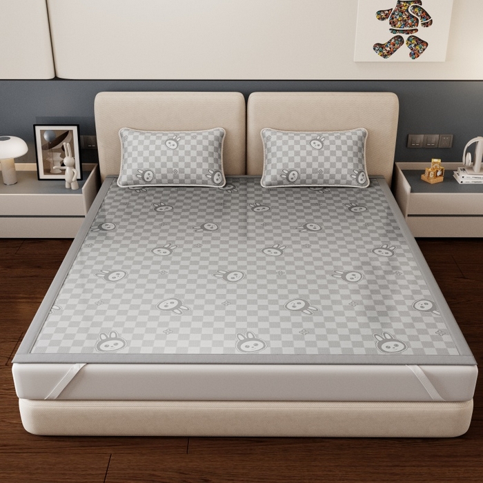 91家纺网 家纺一手货源 找家纺 福来临家纺 2026新款印花冰丝席席子凉席-床席款床笠款 拉布布灰-床席款