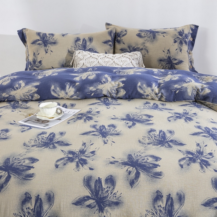 91家纺网 家纺一手货源 找家纺 仰望棉麻双层纱供应链 2026新款花蝴蝶-一花两色全棉色织双层纱纽扣款 蓝蝴蝶