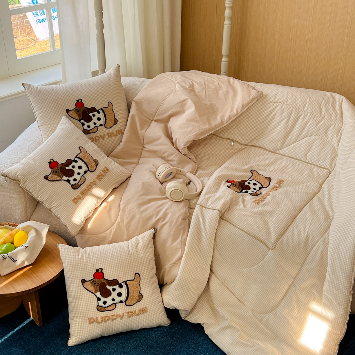 番茄+ 2026春夏新款色织全棉纯棉水洗棉毛巾绣抱枕被 波点腊肠狗