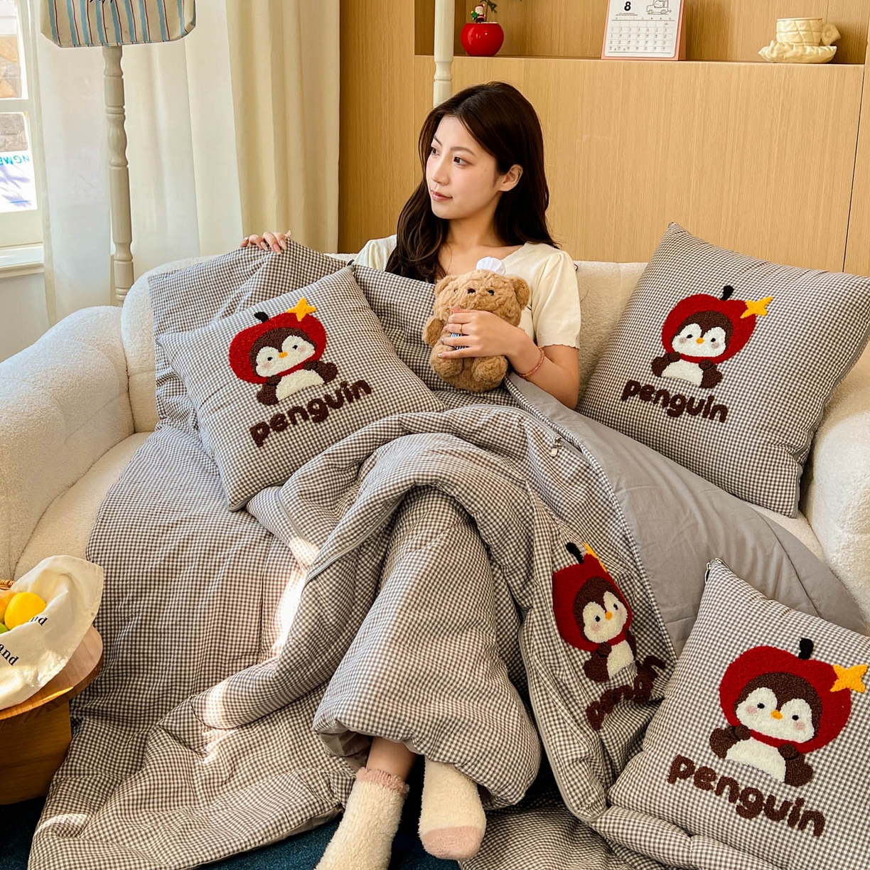 91家纺网 家纺一手货源 找家纺 番茄+ 2026春夏新款色织全棉纯棉水洗棉毛巾绣抱枕被 苹果企鹅-黑格