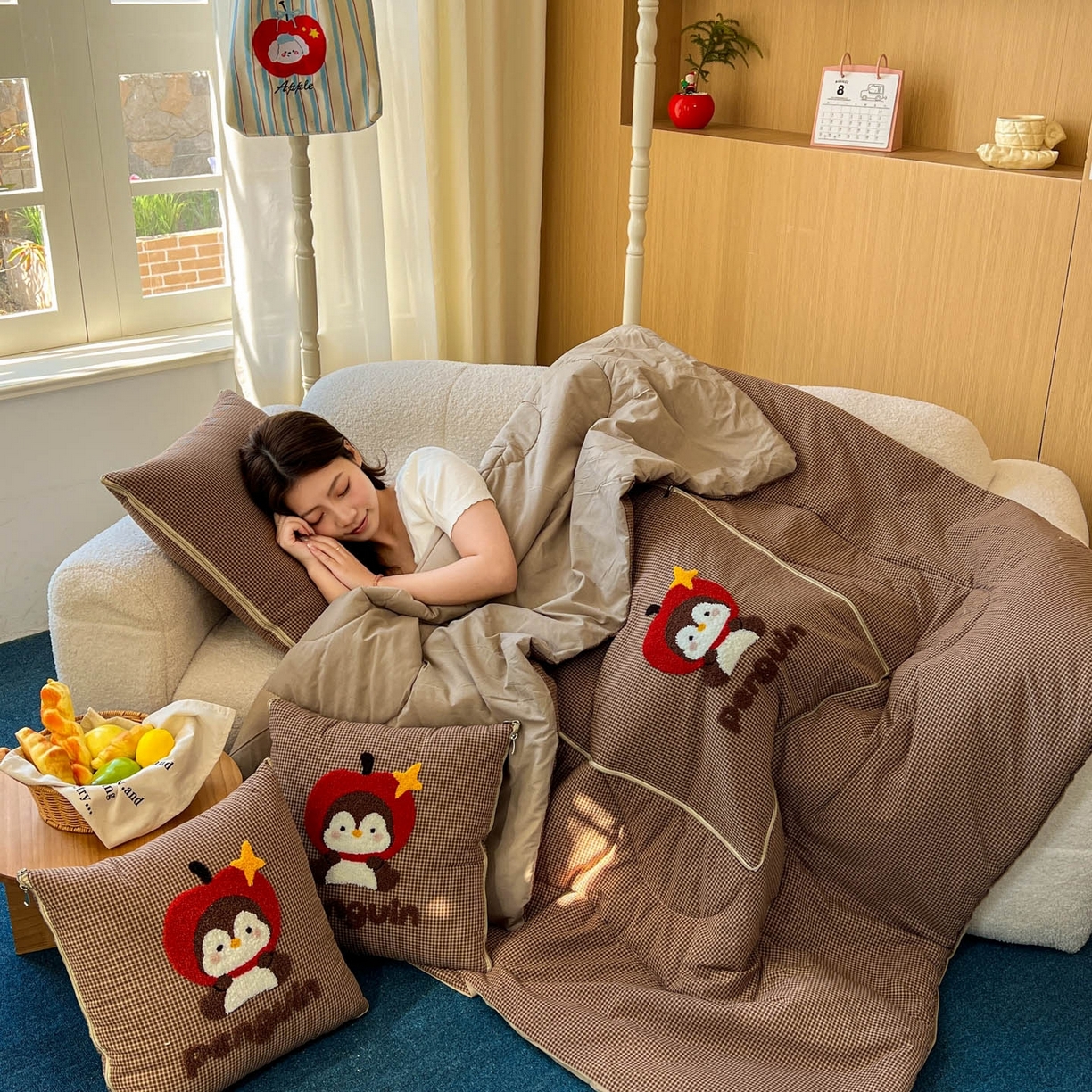 91家纺网 家纺一手货源 找家纺 番茄+ 2026春夏新款色织全棉纯棉水洗棉毛巾绣抱枕被 苹果企鹅-咖格