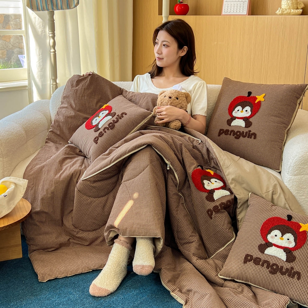 91家纺网 家纺一手货源 找家纺 番茄+ 2026春夏新款色织全棉纯棉水洗棉毛巾绣抱枕被 苹果企鹅-咖格