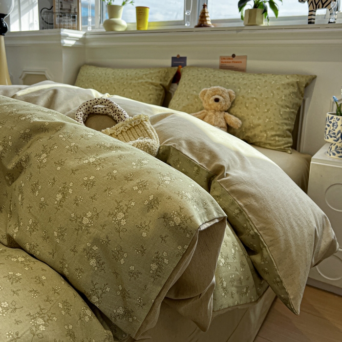 91家纺网 家纺一手货源 找家纺 忆生活家纺 2026新款复古田园风棉麻四件套 初夏-绿