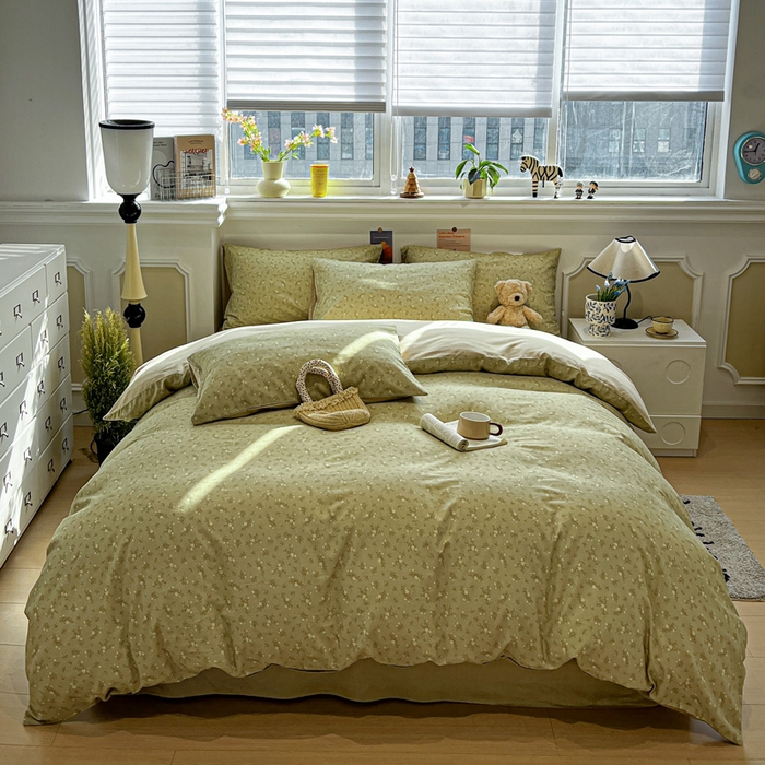 91家纺网 家纺一手货源 找家纺 忆生活家纺 2026新款复古田园风棉麻四件套 初夏-绿