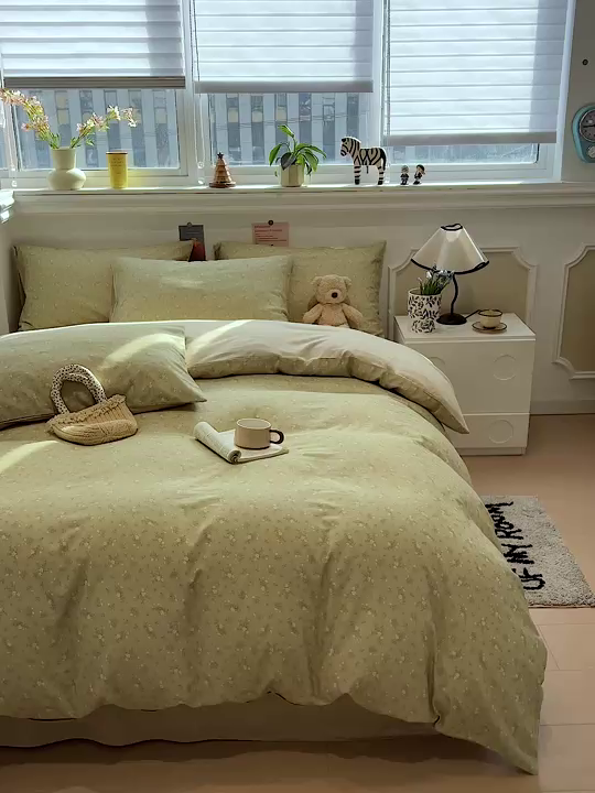 91家纺网 家纺一手货源 找家纺 忆生活家纺 2026新款复古田园风棉麻四件套 初夏-绿