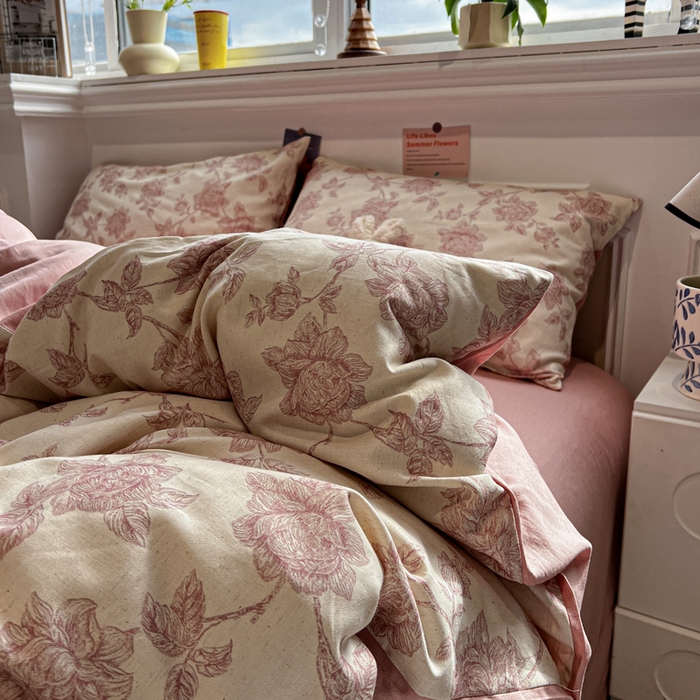 91家纺网 家纺一手货源 找家纺 忆生活家纺 2026新款复古田园风棉麻四件套 花颜-粉