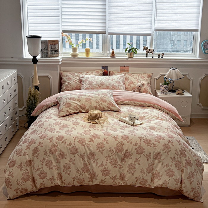 91家纺网 家纺一手货源 找家纺 忆生活家纺 2026新款复古田园风棉麻四件套 花颜-粉