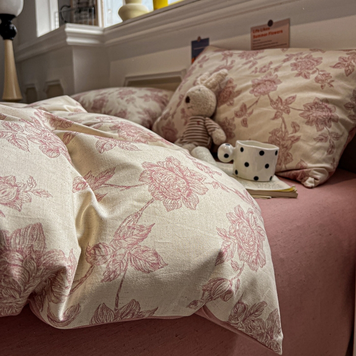 忆生活家纺 2026新款复古田园风棉麻四件套 花颜-粉