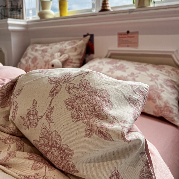 91家纺网 家纺一手货源 找家纺 忆生活家纺 2026新款复古田园风棉麻四件套 花颜-粉