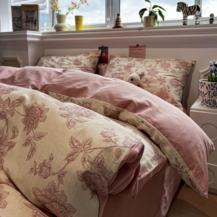 91家纺网 家纺一手货源 找家纺 忆生活家纺 2026新款复古田园风棉麻四件套 花颜-粉