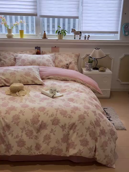 91家纺网 家纺一手货源 找家纺 忆生活家纺 2026新款复古田园风棉麻四件套 花颜-粉