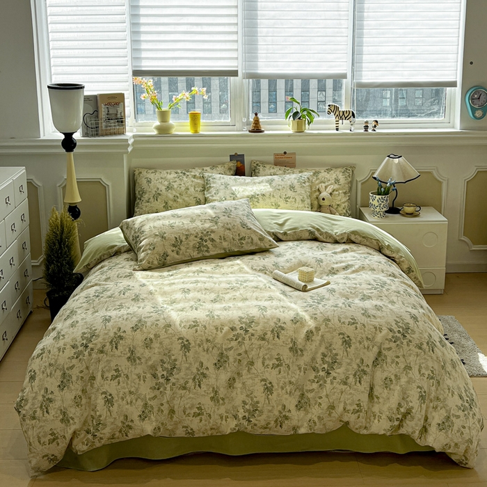 91家纺网 家纺一手货源 找家纺 忆生活家纺 2026新款复古田园风棉麻四件套 林夕-绿