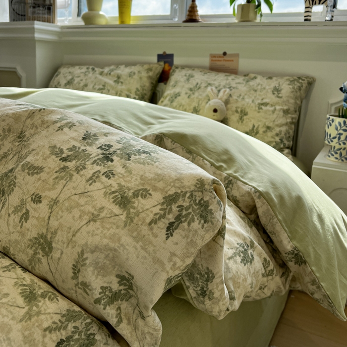 91家纺网 家纺一手货源 找家纺 忆生活家纺 2026新款复古田园风棉麻四件套 林夕-绿