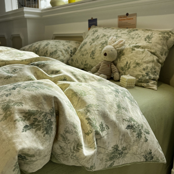 91家纺网 家纺一手货源 找家纺 忆生活家纺 2026新款复古田园风棉麻四件套 林夕-绿