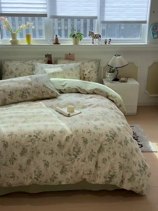 91家纺网 家纺一手货源 找家纺 忆生活家纺 2026新款复古田园风棉麻四件套 林夕-绿