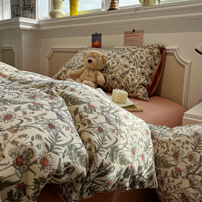 91家纺网 家纺一手货源 找家纺 忆生活家纺 2026新款复古田园风棉麻四件套 绿野