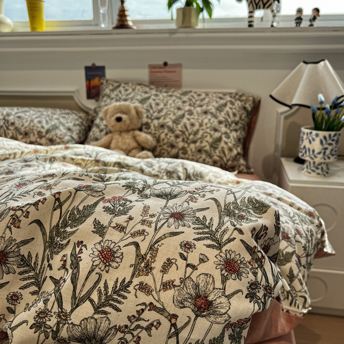 91家纺网 家纺一手货源 找家纺 忆生活家纺 2026新款复古田园风棉麻四件套 绿野