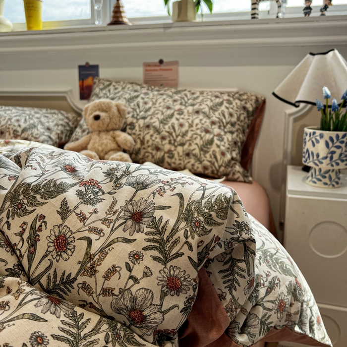 91家纺网 家纺一手货源 找家纺 忆生活家纺 2026新款复古田园风棉麻四件套 绿野