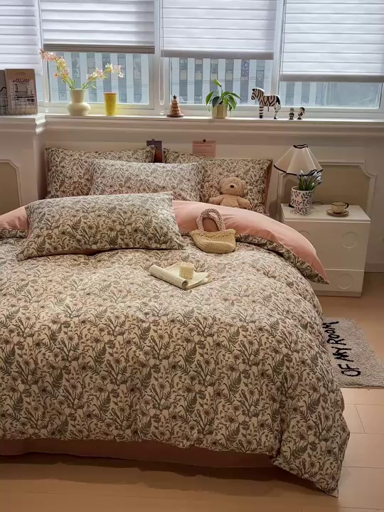 91家纺网 家纺一手货源 找家纺 忆生活家纺 2026新款复古田园风棉麻四件套 绿野