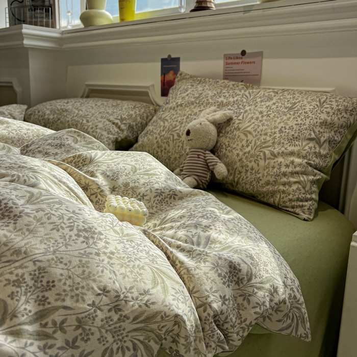 91家纺网 家纺一手货源 找家纺 忆生活家纺 2026新款复古田园风棉麻四件套 绿茵-绿