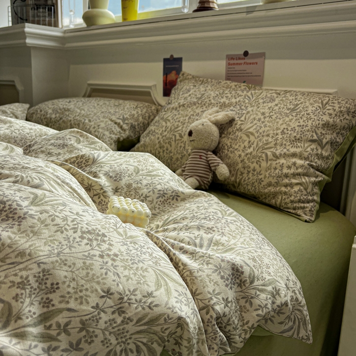 91家纺网 家纺一手货源 找家纺 忆生活家纺 2026新款复古田园风棉麻四件套 绿茵-绿