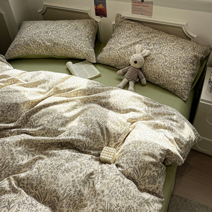 91家纺网 家纺一手货源 找家纺 忆生活家纺 2026新款复古田园风棉麻四件套 绿茵-绿