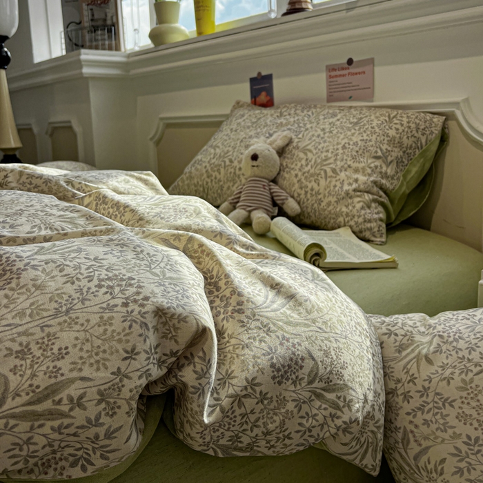 91家纺网 家纺一手货源 找家纺 忆生活家纺 2026新款复古田园风棉麻四件套 绿茵-绿