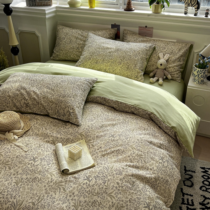 91家纺网 家纺一手货源 找家纺 忆生活家纺 2026新款复古田园风棉麻四件套 绿茵-绿