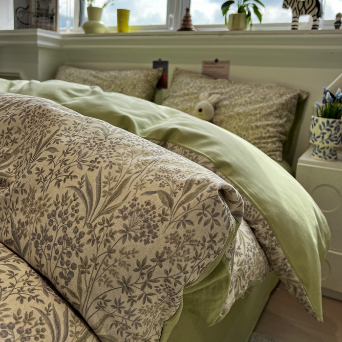 91家纺网 家纺一手货源 找家纺 忆生活家纺 2026新款复古田园风棉麻四件套 绿茵-绿