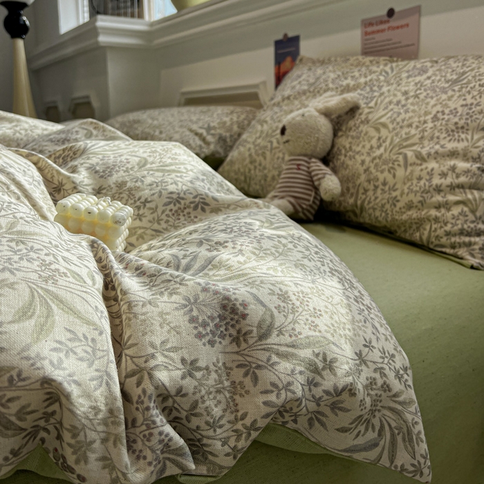 91家纺网 家纺一手货源 找家纺 忆生活家纺 2026新款复古田园风棉麻四件套 绿茵-绿