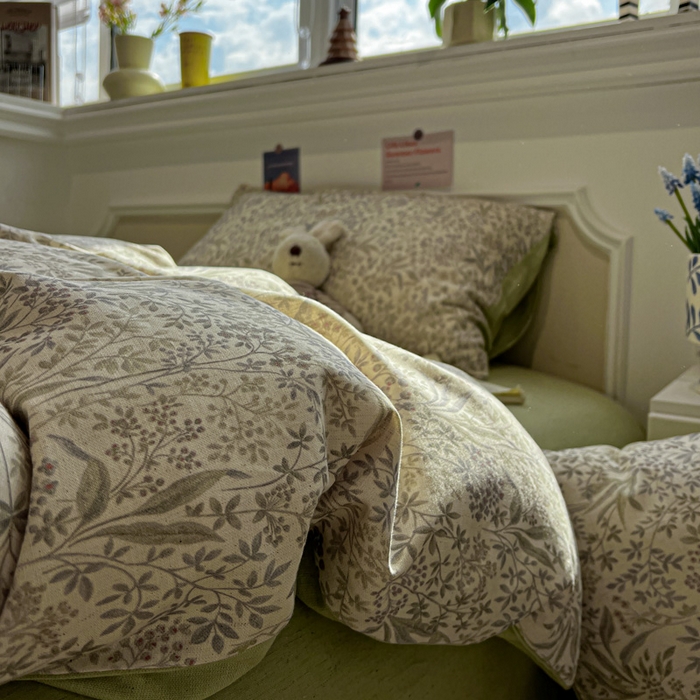 91家纺网 家纺一手货源 找家纺 忆生活家纺 2026新款复古田园风棉麻四件套 绿茵-绿