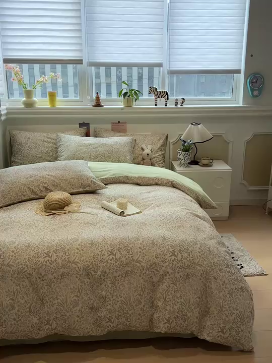 91家纺网 家纺一手货源 找家纺 忆生活家纺 2026新款复古田园风棉麻四件套 绿茵-绿