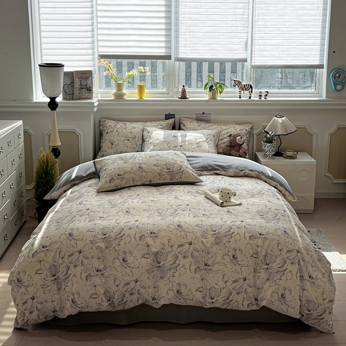 91家纺网 家纺一手货源 找家纺 忆生活家纺 2026新款复古田园风棉麻四件套 墨染