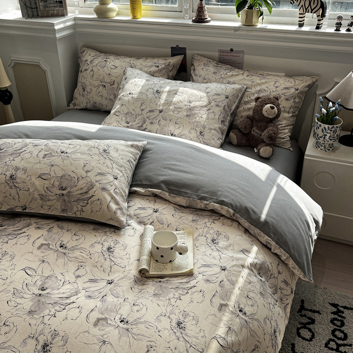 91家纺网 家纺一手货源 找家纺 忆生活家纺 2026新款复古田园风棉麻四件套 墨染