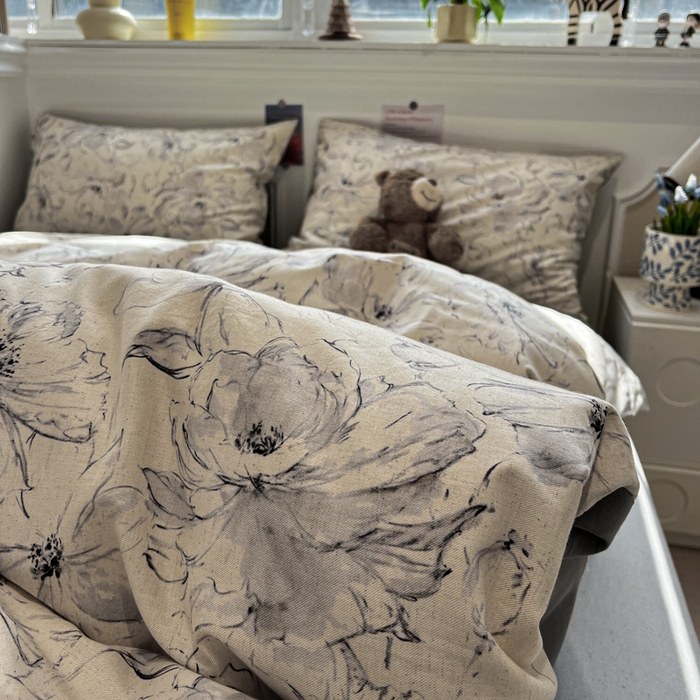 91家纺网 家纺一手货源 找家纺 忆生活家纺 2026新款复古田园风棉麻四件套 墨染