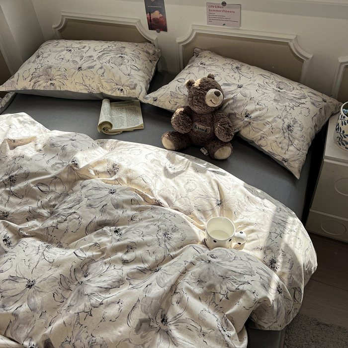 91家纺网 家纺一手货源 找家纺 忆生活家纺 2026新款复古田园风棉麻四件套 墨染